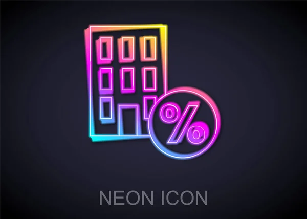 Glowing neon line House with percant discount tag icon isolated on black background. Real estate home. Credit percentage symbol. Vector — Stock Vector