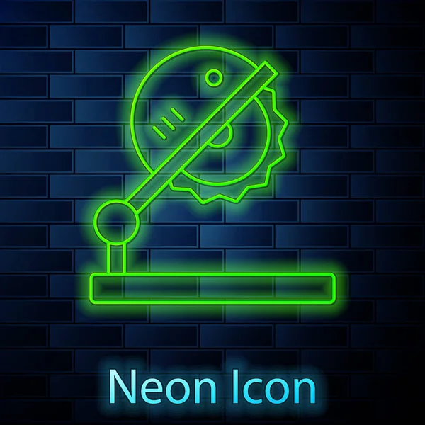 Žhnoucí neonová čára Stolová pila pro ikonu dřevoobrábění izolovanou na pozadí cihlové stěny. Elektrická pila. Vektor — Stockový vektor