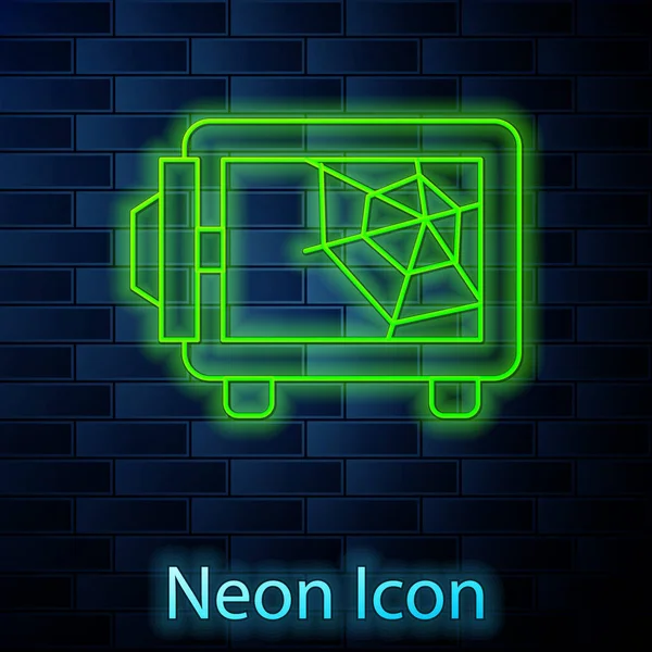 Ragyogó neon vonal Biztonságos ikon elszigetelt téglafal háttér. Az ajtó széf egy páncélterem kombinációs zárral. Megbízható adatvédelem. Vektor — Stock Vector