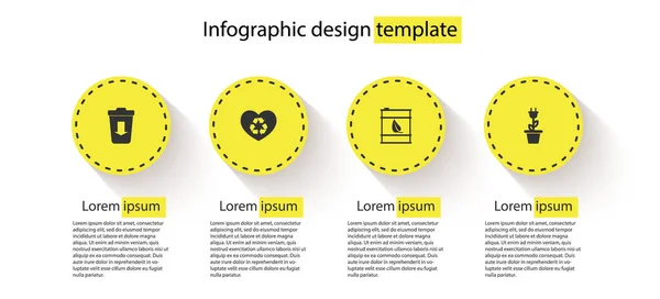 Set Send to the trash, Eco friendly heart, Bio fuel barrel and Electric saving plug in pot. Modelo de infográfico de negócios. Vetor —  Vetores de Stock
