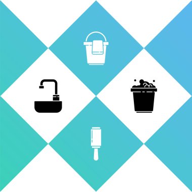 Çamaşır leğeni, su musluğu, yapışkan silindir, kova bezi ve sabun köpüğü ikonu. Vektör