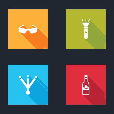 Set gözlüğü, el feneri, kuş ayak izi ve votka ikonu. Vektör