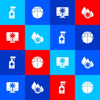 Sıvı antibakteriyel sabunu, Dünya 'yı tıbbi maskeli, virüs istatistiklerini monitöre, kan testi ve virüs ikonuna ayarla. Vektör