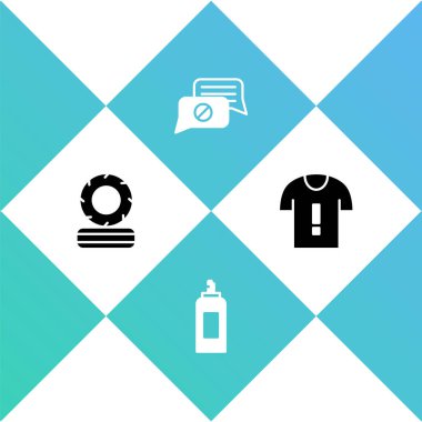 Yanan lastikleri, boya kutusunu, konuşma baloncuğu sohbetini ve tişört protesto ikonunu ayarla. Vektör