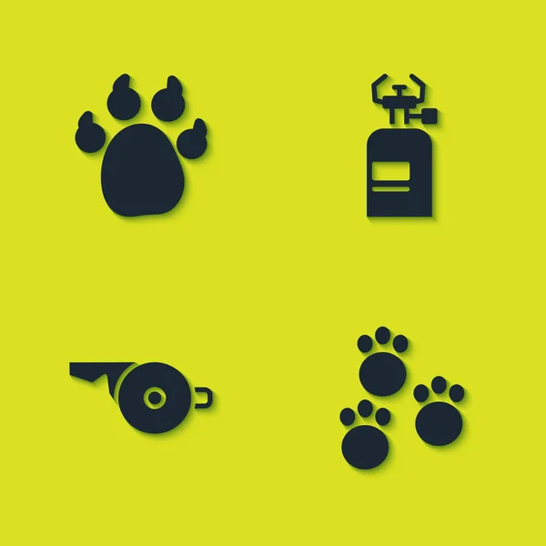 Set Paw print, , Whistle and Camping gas stove icon. Vector — Stock Vector