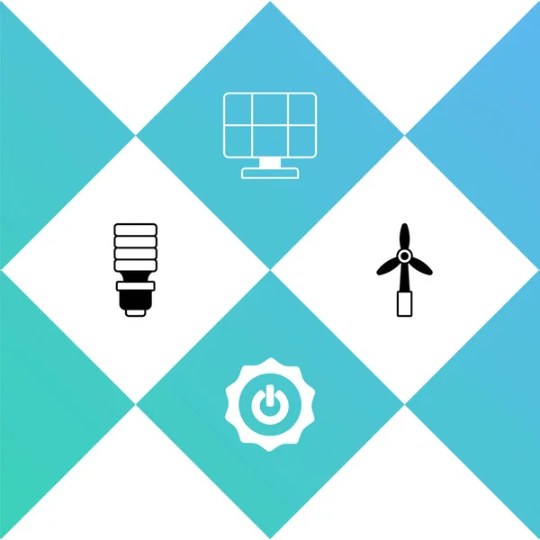 LED-lamp, Power-knop, zonnepaneel en windturbine-icoon. Vector — Stockvector