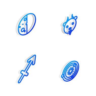 Isometric hattı Koç burcunu, Güneş tutulmasını, Yay burcunu ve Güneş sistemi simgesini ayarla. Vektör