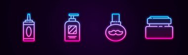 Şampuan şişesi, sakal ve bıyık bakım şişesi, krem ya da losyon kozmetik tüpü. Parlayan neon ikonu. Vektör