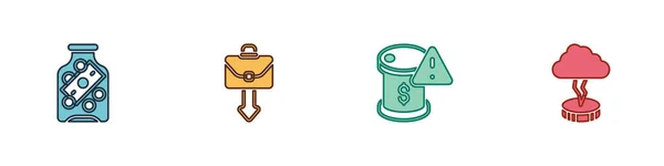 Set pot d'argent en verre avec pièce de monnaie, mallette, baisse du prix du pétrole brut et icône Tempête. Vecteur — Image vectorielle