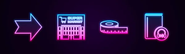 Set baris Panah, bangunan Supermarket, Ukuran Tape dan buku Audio. Glowing ikon neon. Vektor - Stok Vektor