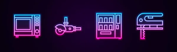 Set line Magnetron, Hoekfrees, Verkoopmachine en Elektrische decoupeerzaag. Een gloeiend neon icoon. Vector — Stockvector