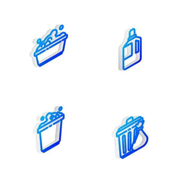 Set Isométrico línea Suavizante de tela, Lavabo de plástico con jabón suds, Cubo y Papelera y bolsa de basura icono. Vector — Vector de stock