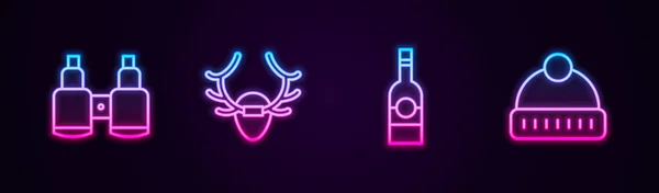Set Ferngläser, Hirschgeweih auf Schild, Flasche Wodka und Wintermütze. Leuchtende Leuchtschrift. Vektor — Stockvektor