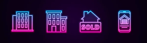 Setzen Sie Linie Haus,, Hängeschild mit Text Verkauft und Online-Immobilien Haus. Leuchtende Leuchtschrift. Vektor — Stockvektor