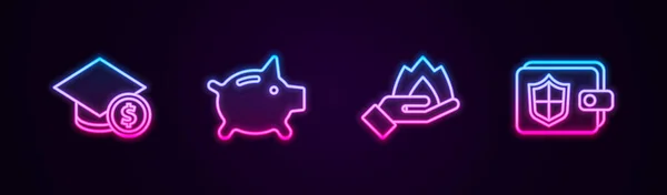 Set line Graduation cap and coin, Piggy bank, Hand holding fire en Portemonnee met schild. Een gloeiend neon icoon. Vector — Stockvector