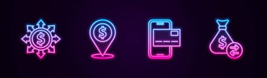 Hat, dolar, paylaşım, ağ, nakit konum, mobil bankacılık ve para çantası. Parlayan neon ikonu. Vektör
