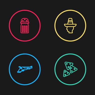 Klasik silahlar, Nachos, Meksikalı sombrero ve Salt ikonu. Vektör