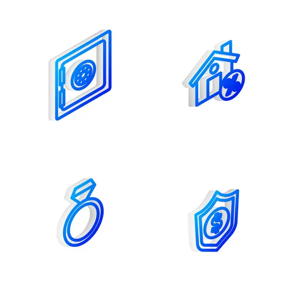 Set Isometric line House with percant discount, Safe, Diamond zásnubní prsten and Shield dollar icon. Vektor — Stockový vektor