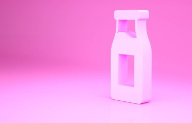 Pembe kapaklı cam şişe ve pembe arka planda izole edilmiş süt ikonu. Minimalizm kavramı. 3d illüstrasyon 3B canlandırma