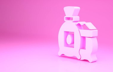Pembe arka planda izole edilmiş özel bir bitki simgesinin tohumlarıyla dolu pembe paket. Minimalizm kavramı. 3d illüstrasyon 3B canlandırma