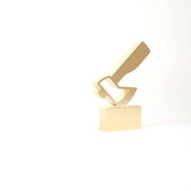 Beyaz arka planda izole edilmiş altın ahşap balta ikonu. Oduncu baltası. 3d illüstrasyon 3B canlandırma