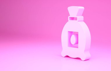 Pembe arka planda izole edilmiş özel bir bitki simgesinin tohumlarıyla dolu pembe paket. Minimalizm kavramı. 3d illüstrasyon 3B canlandırma