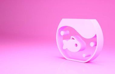 Pembe arka planda balık ikonu olan pembe akvaryum. Yuvarlak cam akvaryum. Ev ve evcil hayvanlar için akvaryum. Minimalizm kavramı. 3d illüstrasyon 3B canlandırma