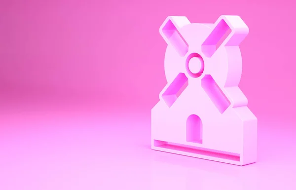 Pink Windmill icon isolated on pink background. Minimalism concept. 3d illustration 3D render — Stock Photo, Image