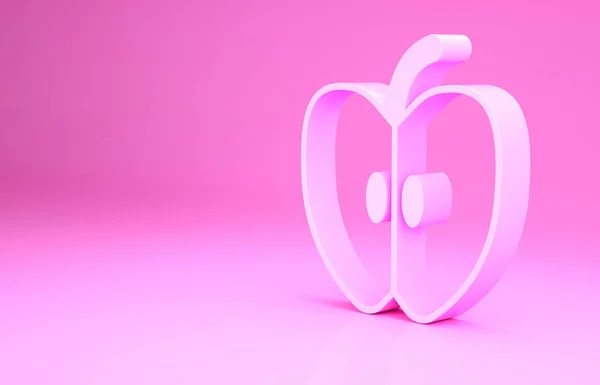 Icono de manzana rosa aislado sobre fondo rosa. Fruta con símbolo de hoja. Concepto minimalista. 3D ilustración 3D render —  Fotos de Stock