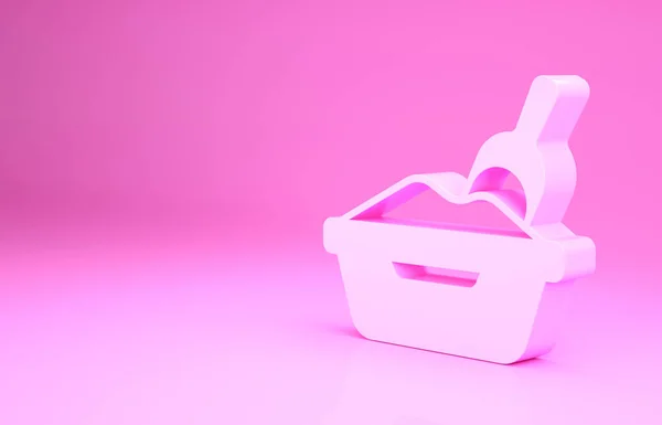 Gatto rosa cestino con icona pala isolato su sfondo rosa. Sandbox gatto con pala. Concetto minimalista. Illustrazione 3d rendering 3D — Foto Stock