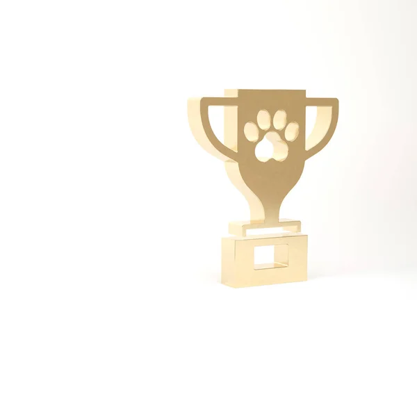 Arany Kisállat díj szimbólum ikon elszigetelt fehér háttér. Medál kutya lábnyommal, mint kisállat kiállítás győztes koncepció. 3d illusztráció 3D render — Stock Fotó