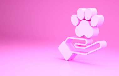 Pembe elli, pembe arka planda izole edilmiş hayvanların ayak izi ikonu. Yüreğindeki evcil hayvan pençesi. Hayvanlara sevgiler. Minimalizm kavramı. 3d illüstrasyon 3B canlandırma