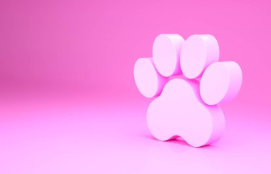 Pembe Paw yazdırma simgesi pembe arkaplanda izole edilmiş. Köpek ya da kedi pençesi izi. Hayvan izleri. Minimalizm kavramı. 3d illüstrasyon 3B canlandırma