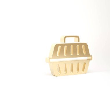 Altın Evcil Hayvan çantası simgesi beyaz arka planda izole edildi. Hayvanlar, köpekler ve kediler için taşıyıcı. Hayvanlar için konteynır. Hayvan taşıma kutusu. 3d illüstrasyon 3B canlandırma