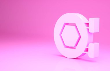 Pembe arka planda izole edilmiş bal peteği ile pembe asılma işareti. İmza simgesi. Bal hücrelerinin sembolü. Tatlı doğal yemek. Minimalizm kavramı. 3d illüstrasyon 3B canlandırma