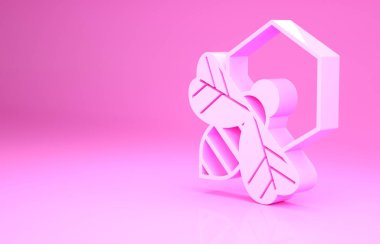 Pembe Arı ve Bal Tarağı ikonu pembe arka planda izole edilmiş. Bal hücreleri. Bal arısı ya da kanat sembollü apis. Uçan böcek. Tatlı doğal yemek. Minimalizm kavramı. 3d illüstrasyon 3B canlandırma