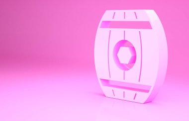 Pembe ahşap fıçıda pembe arka planda bal ikonu var. Minimalizm kavramı. 3d illüstrasyon 3B canlandırma