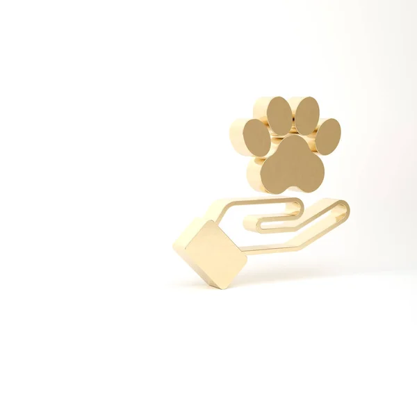 Mains d'or avec des animaux icône empreinte isolé sur fond blanc. Patte d'animal de compagnie dans le cœur. Aimez les animaux. Illustration 3D rendu 3D — Photo