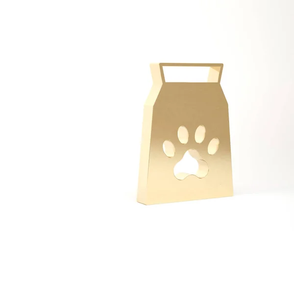 Gullpose med fôr til kjæledyr som er isolert på hvit bakgrunn. Mat til dyr. Hundebeinskilt. Matpakke til kjæledyr. 3d illustrasjon 3D render – stockfoto
