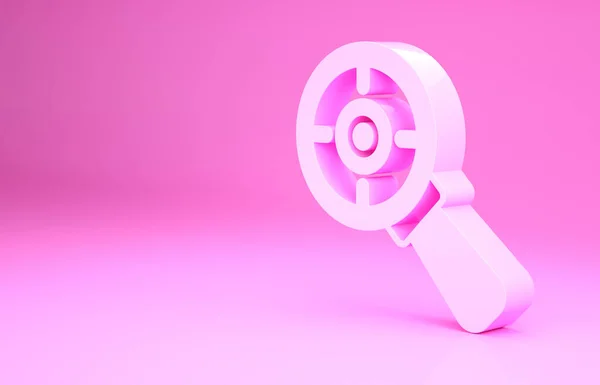 핑크타겟 재정 목표 개념 과 돋보기 아이콘 이 분홍색 배경에 분리되어 있다. 상징적 목표 달성, 성공. 미니멀리즘의 개념입니다. 3d 삽화 3D 렌더링 — 스톡 사진