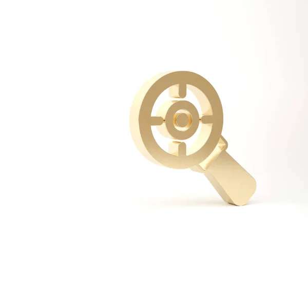 Gold Target conceito de meta financeira com ícone de lupa isolada no fundo branco. Objetivos simbólicos realização, sucesso. 3D ilustração 3D render — Fotografia de Stock