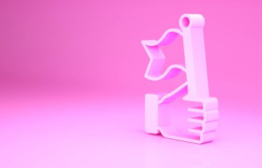 Pembe El, pembe arka planda izole edilmiş bayrak simgesini tutuyor. Zafer, kazanmak ve zorluk konseptini fethetmek. Minimalizm kavramı. 3d illüstrasyon 3B canlandırma