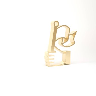 Altın El bayrak simgesi beyaz arkaplanda izole edildi. Zafer, kazanmak ve zorluk konseptini fethetmek. 3d illüstrasyon 3B canlandırma