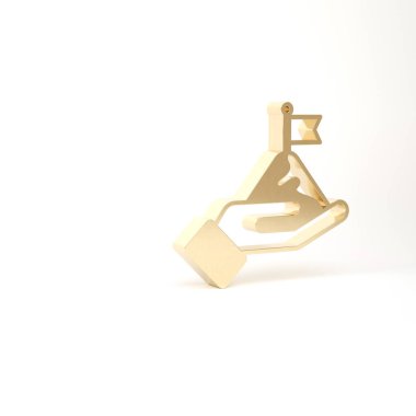 Beyaz arka planda izole edilmiş, üzerinde bayrak olan altın dağları. Zaferin ya da başarının sembolü. Gol başarısı. 3d illüstrasyon 3B canlandırma