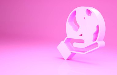 Pembe insan eli, pembe arkaplanda Dünya 'nın simgesini tutuyor. Dünya kavramını sakla. Minimalizm kavramı. 3d illüstrasyon 3B canlandırma