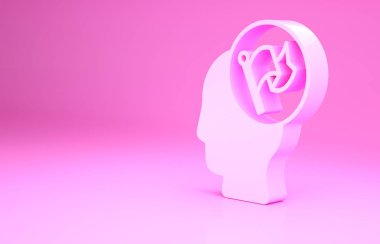 Pembe El, pembe arka planda izole edilmiş bayrak simgesini tutuyor. Zafer, kazanmak ve zorluk konseptini fethetmek. Minimalizm kavramı. 3d illüstrasyon 3B canlandırma