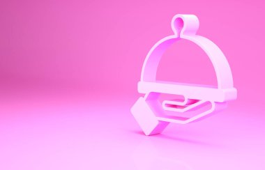 Pembe kaplamalı, pembe arka planda izole edilmiş yemek ikonu tepsisi. Tepsi ve kapak işareti. Kapaklı bir restoran saati. Minimalizm kavramı. 3d illüstrasyon 3B canlandırma