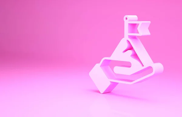 Rosa Berge mit Flagge auf dem oberen Symbol auf rosa Hintergrund isoliert. Symbol für Sieg oder Erfolg. Zielerreichung. Minimalismus-Konzept. 3D Illustration 3D Renderer — Stockfoto