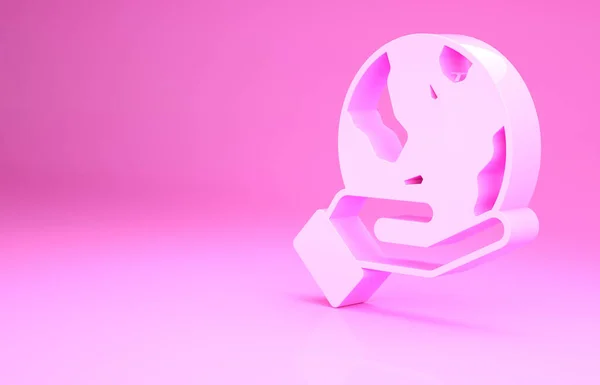 Mão humana rosa segurando ícone do globo terrestre isolado no fundo rosa. Salvar conceito de terra. Conceito de minimalismo. 3D ilustração 3D render — Fotografia de Stock