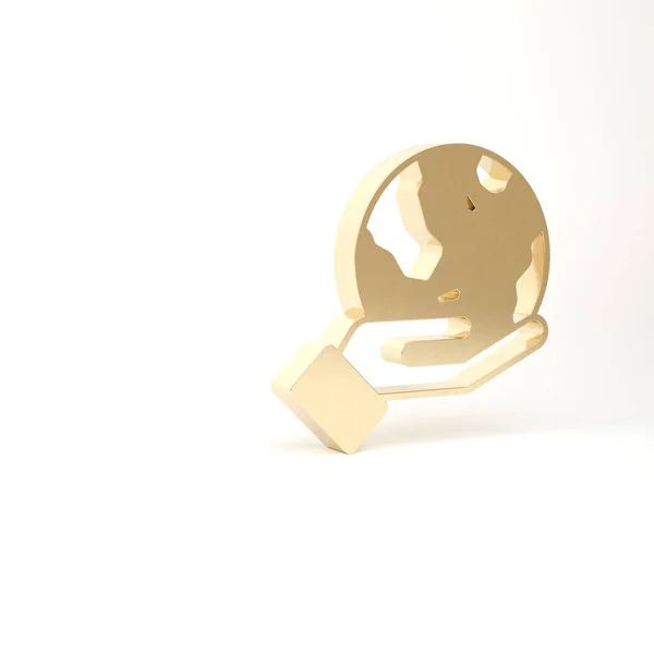 Mano humana dorada sosteniendo el icono del globo terrestre aislado sobre fondo blanco. Guarde el concepto de tierra. 3D ilustración 3D render — Foto de Stock